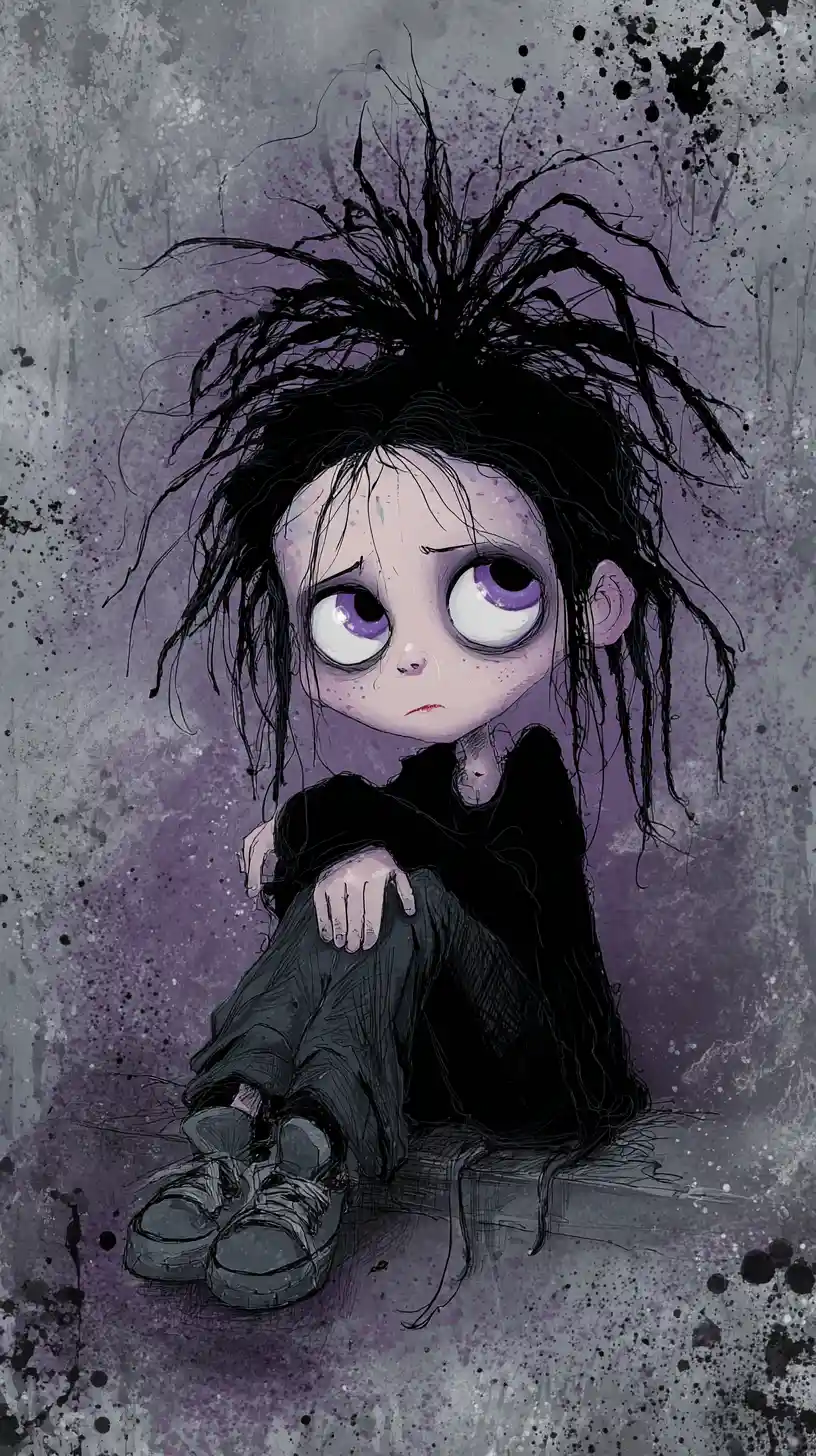 Personaggio chibi gotico malinconico con grandi occhi viola
