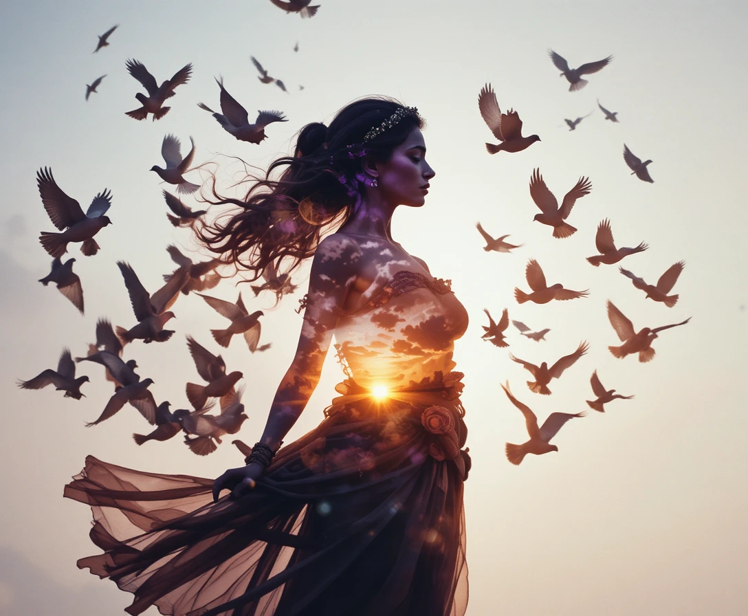 Greek goddess silhouette transforming into soaring white doves