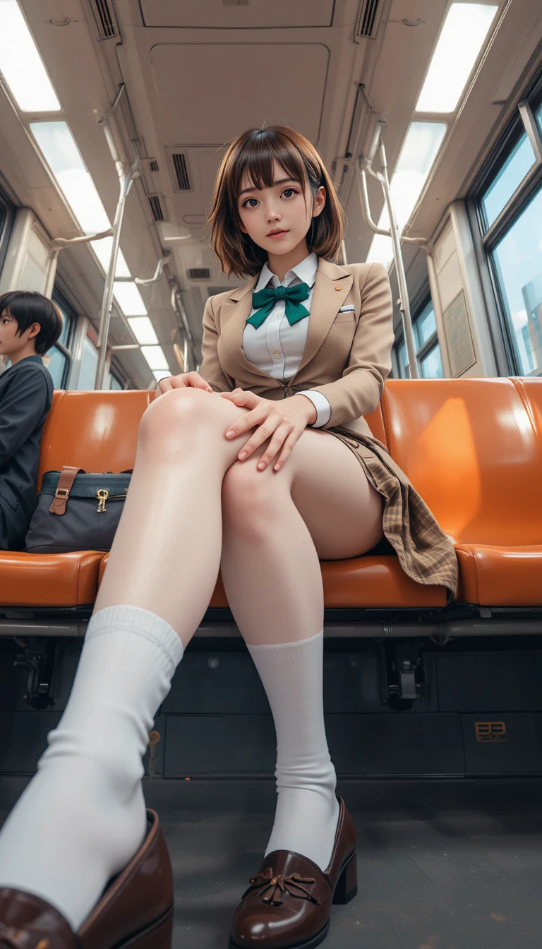 Anime schoolgirl sitting on a train from a low angle