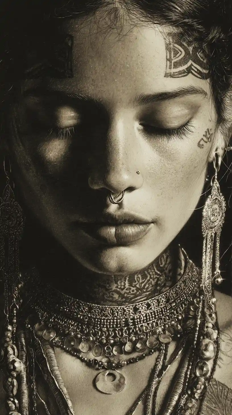 Close up charcoal portrait of tattooed woman in meditation