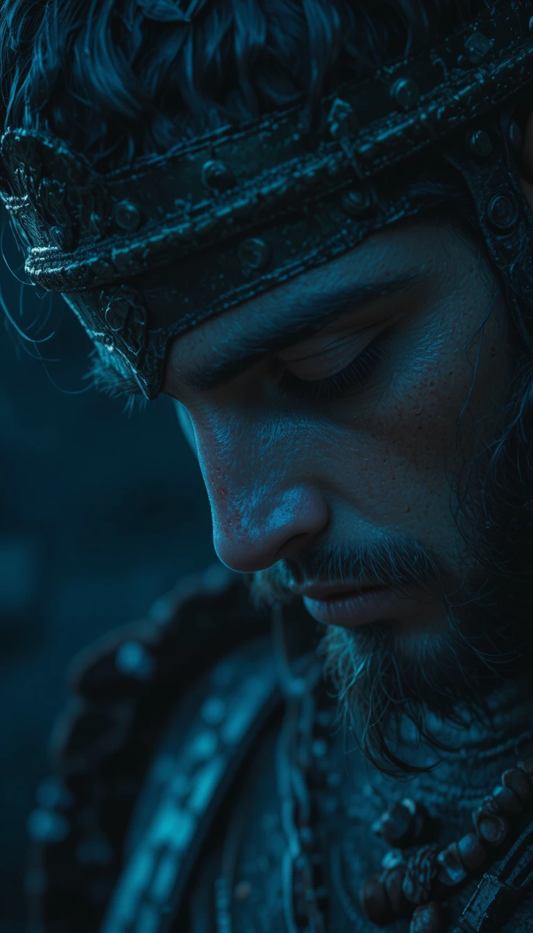 Close up of a silent Greek warrior in deep blue shadow