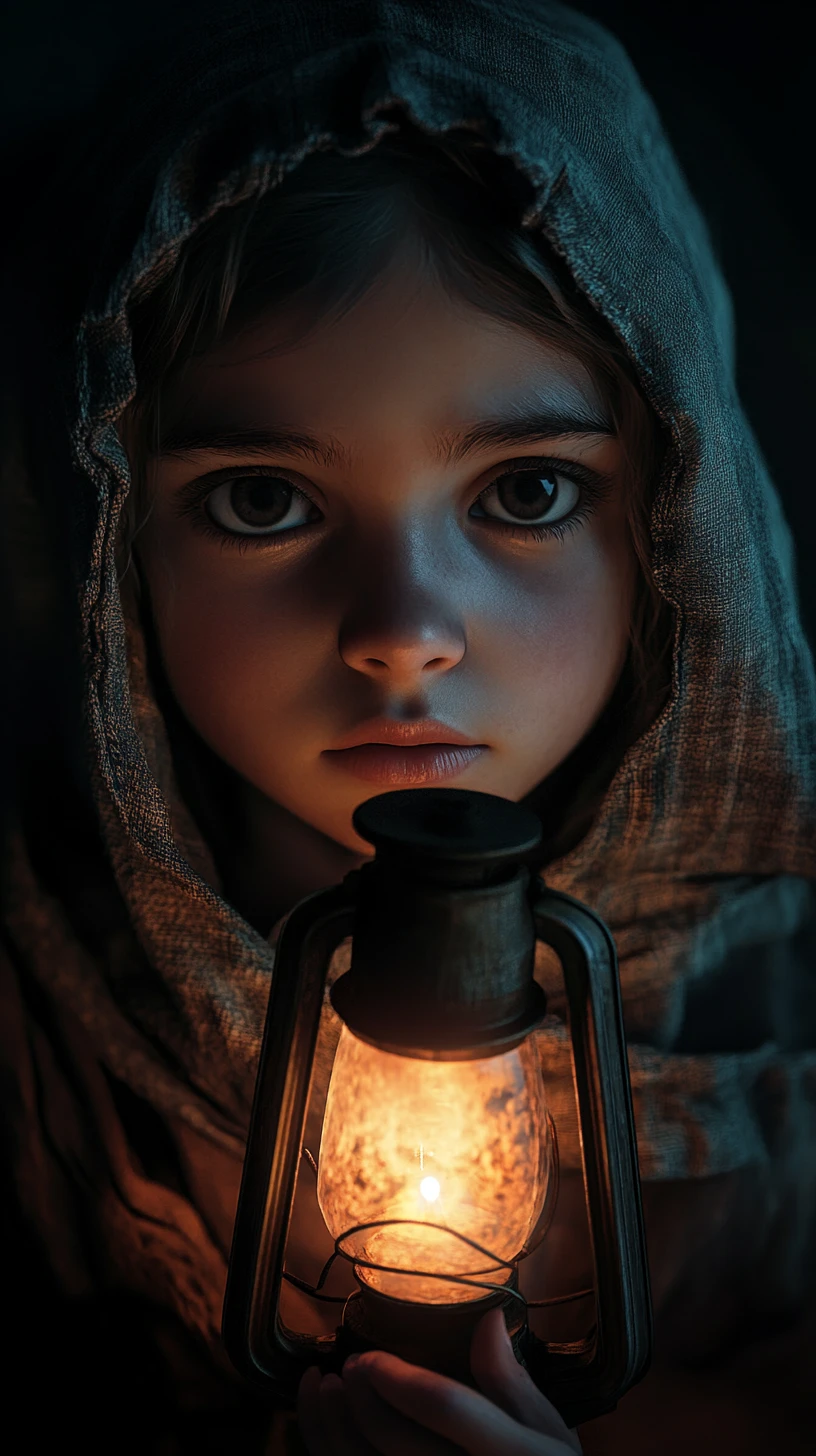 Young girl with lantern in a dark dramatic portrait