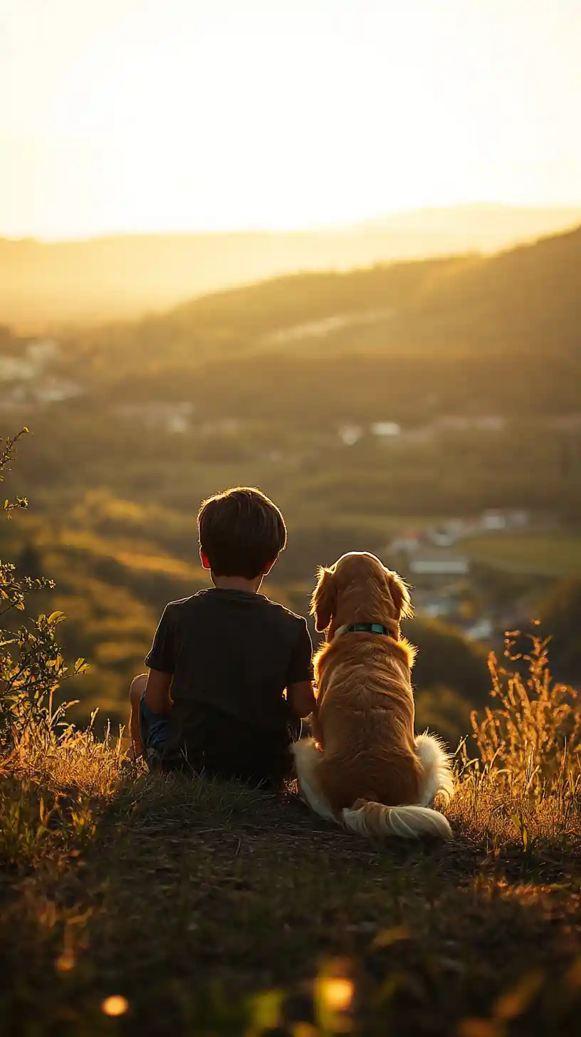 Garçon avec golden retriever sur une colline à l’heure dorée