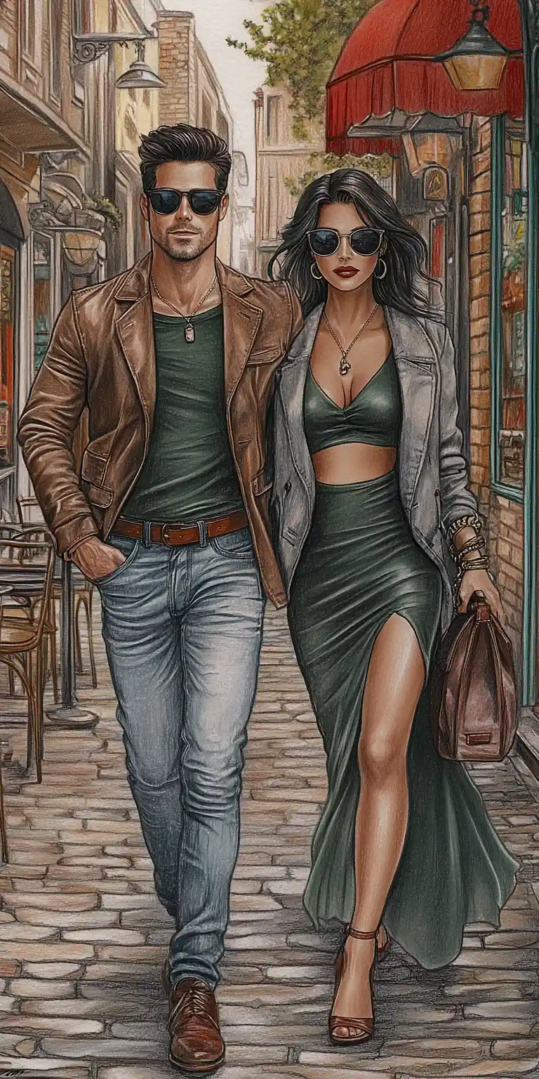 Stylish couple walking on a European cobblestone street