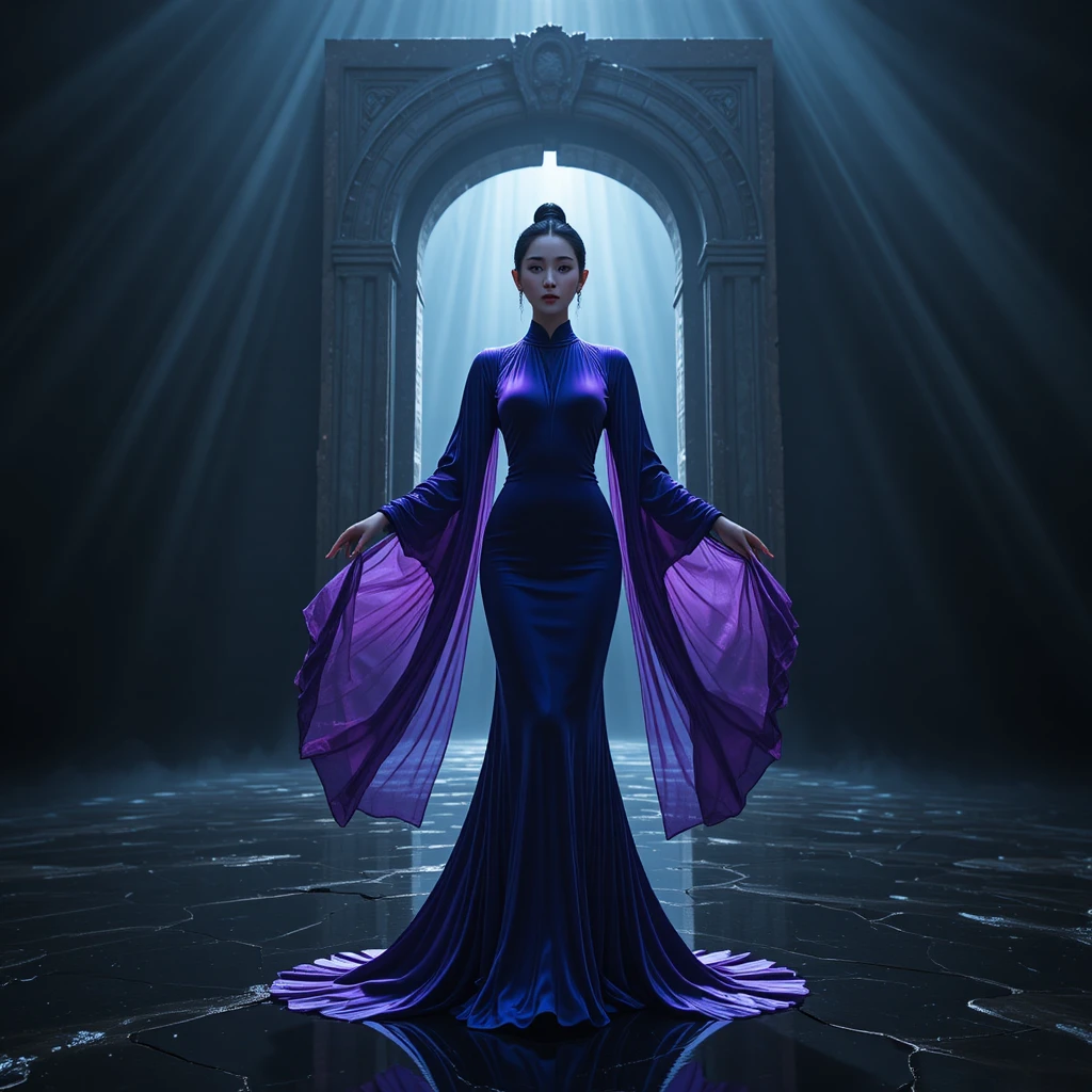 Korean woman in cobalt gown before glowing obsidian gateway