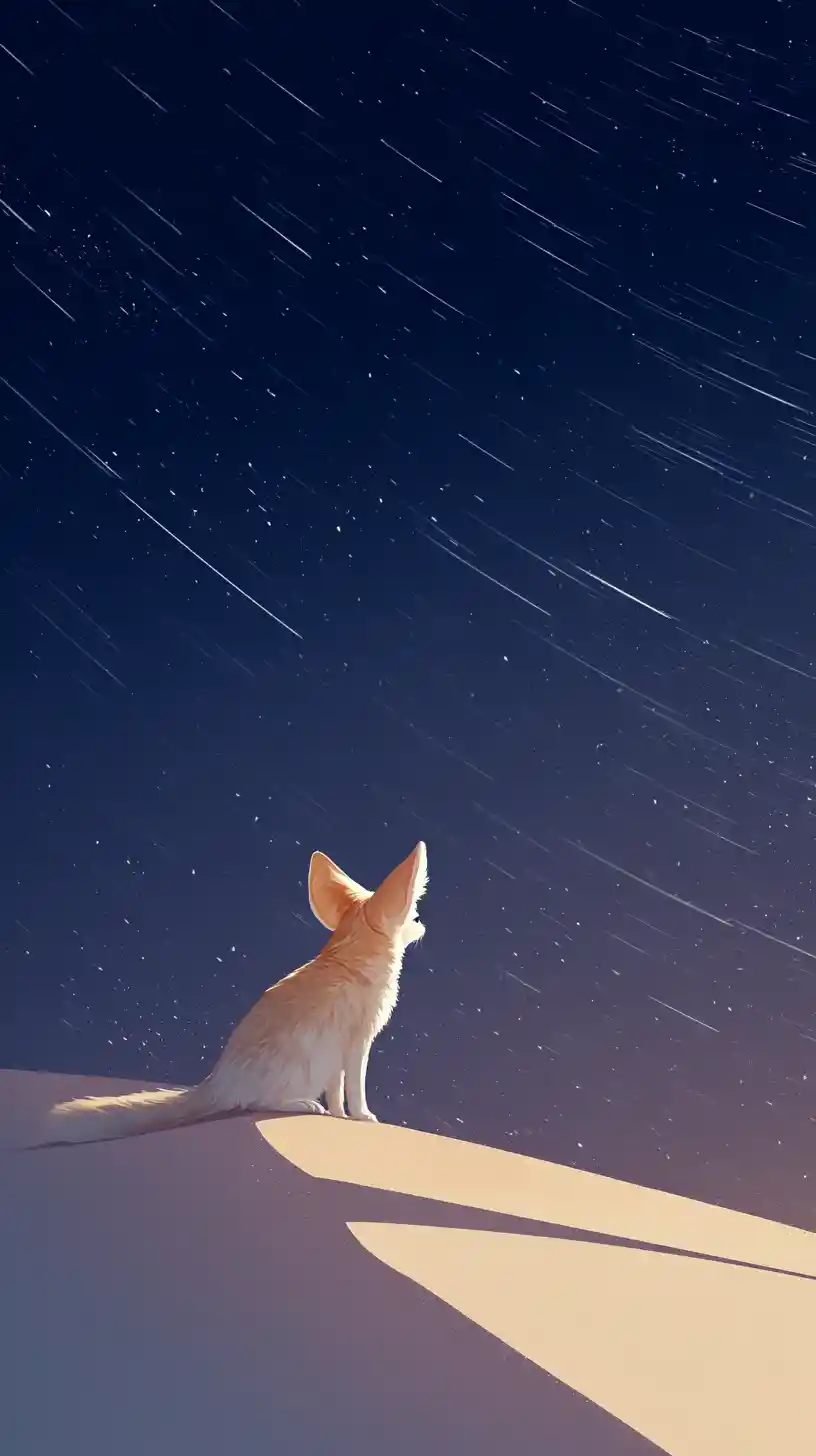 Lone fennec fox on desert dune under falling stars