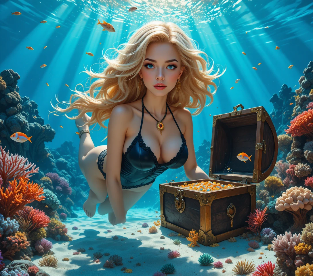 水下金髮女子伸手觸碰打開的寶箱