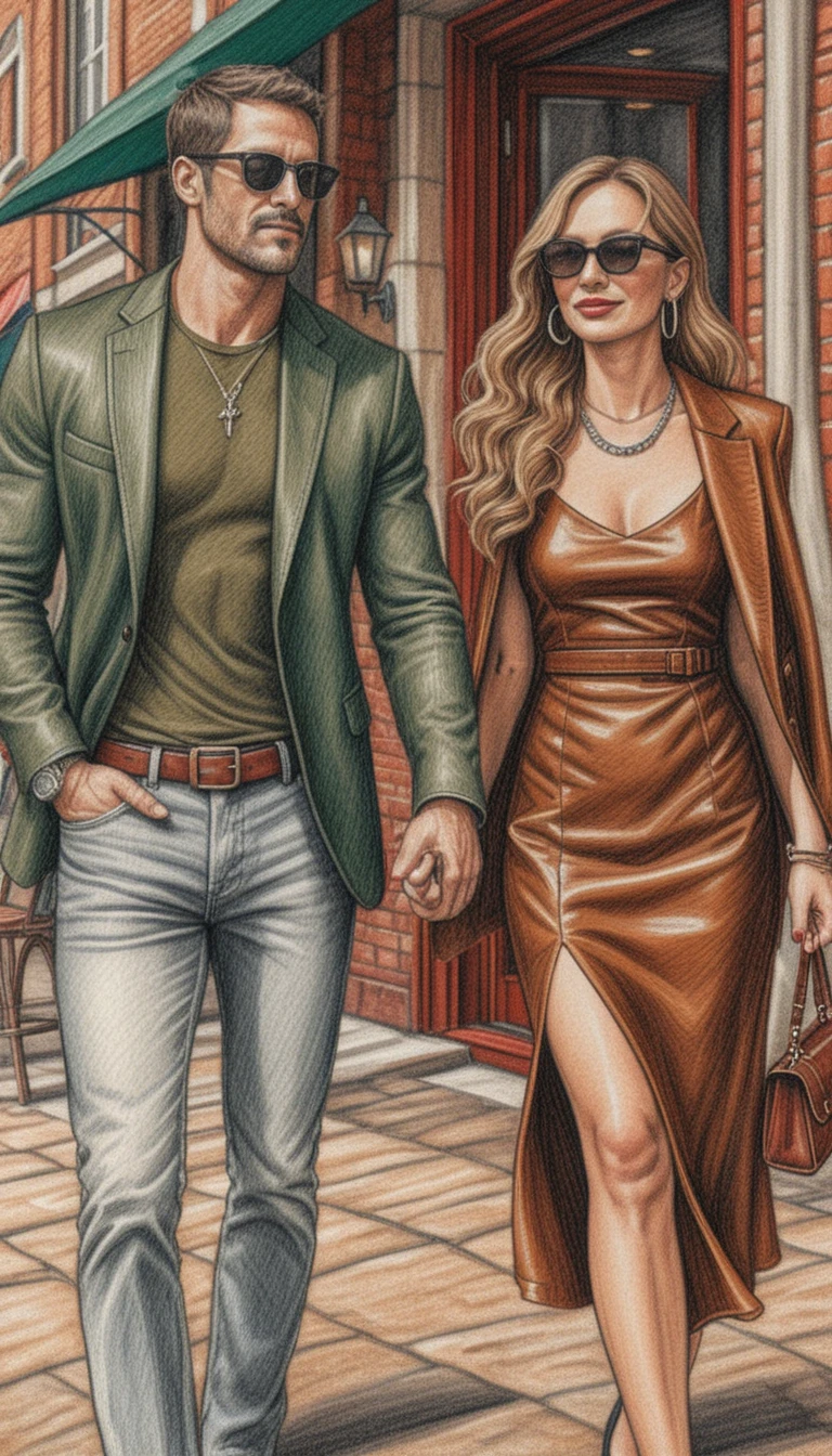 Stylish couple walking on a European cobblestone street