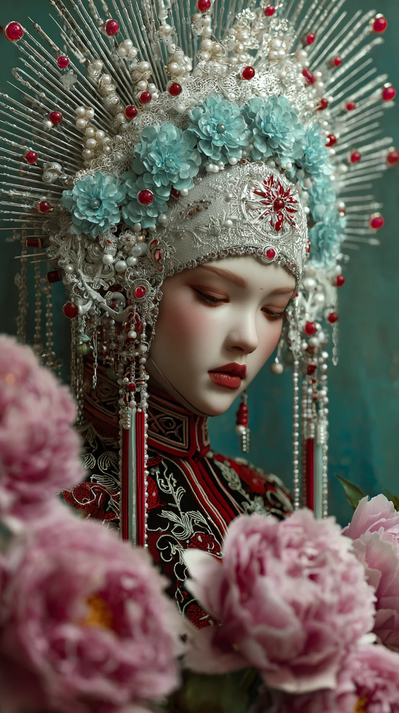 Ceremonial empress with silver headdress and soft pink peonies