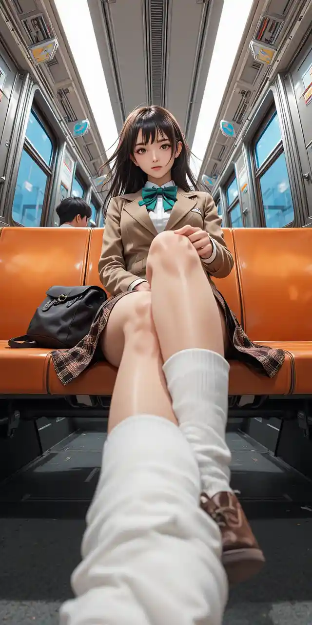Anime schoolgirl seated on a train from a low angle
