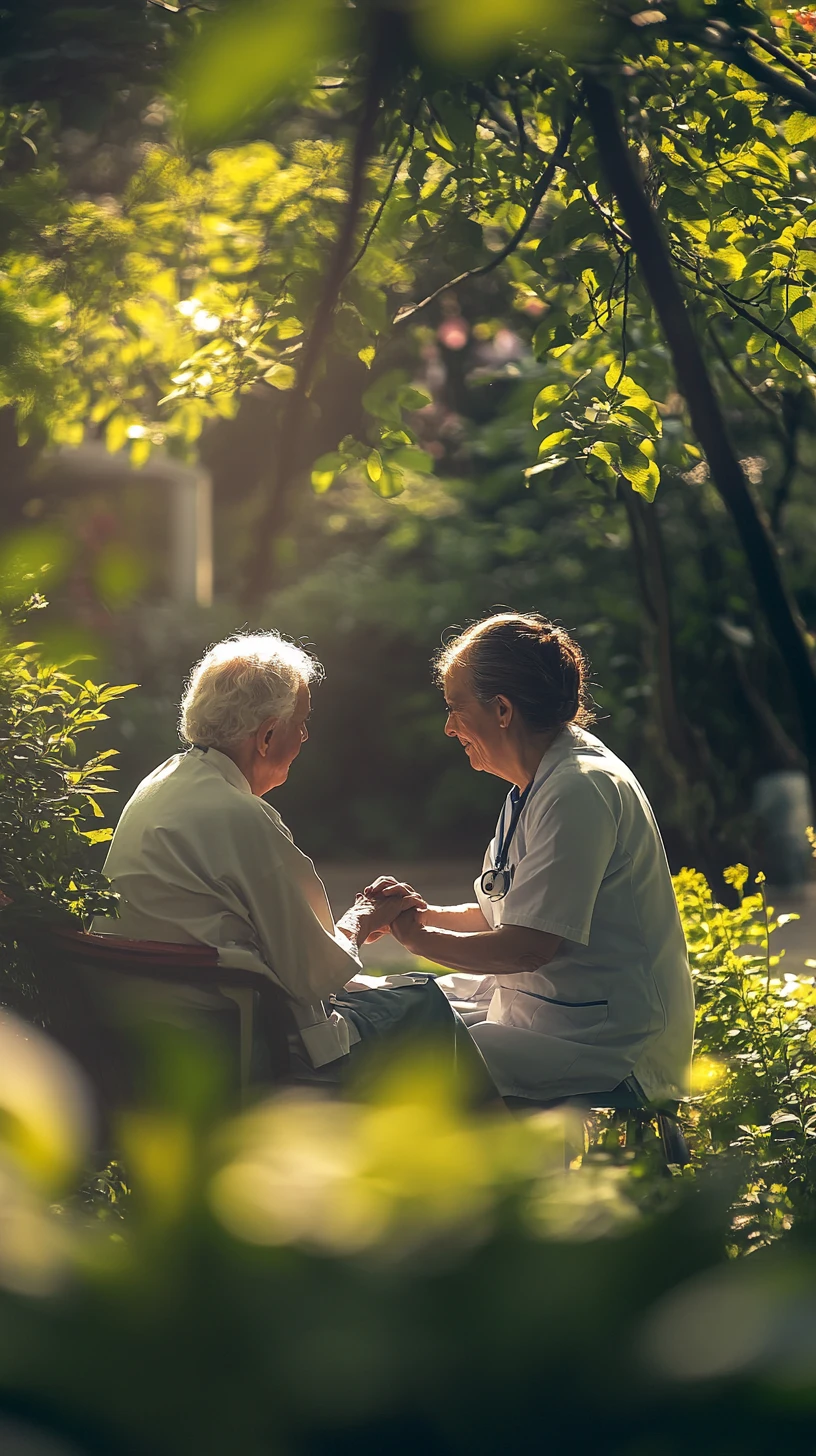 Nurse holding hands with elderly patient in hospital garden