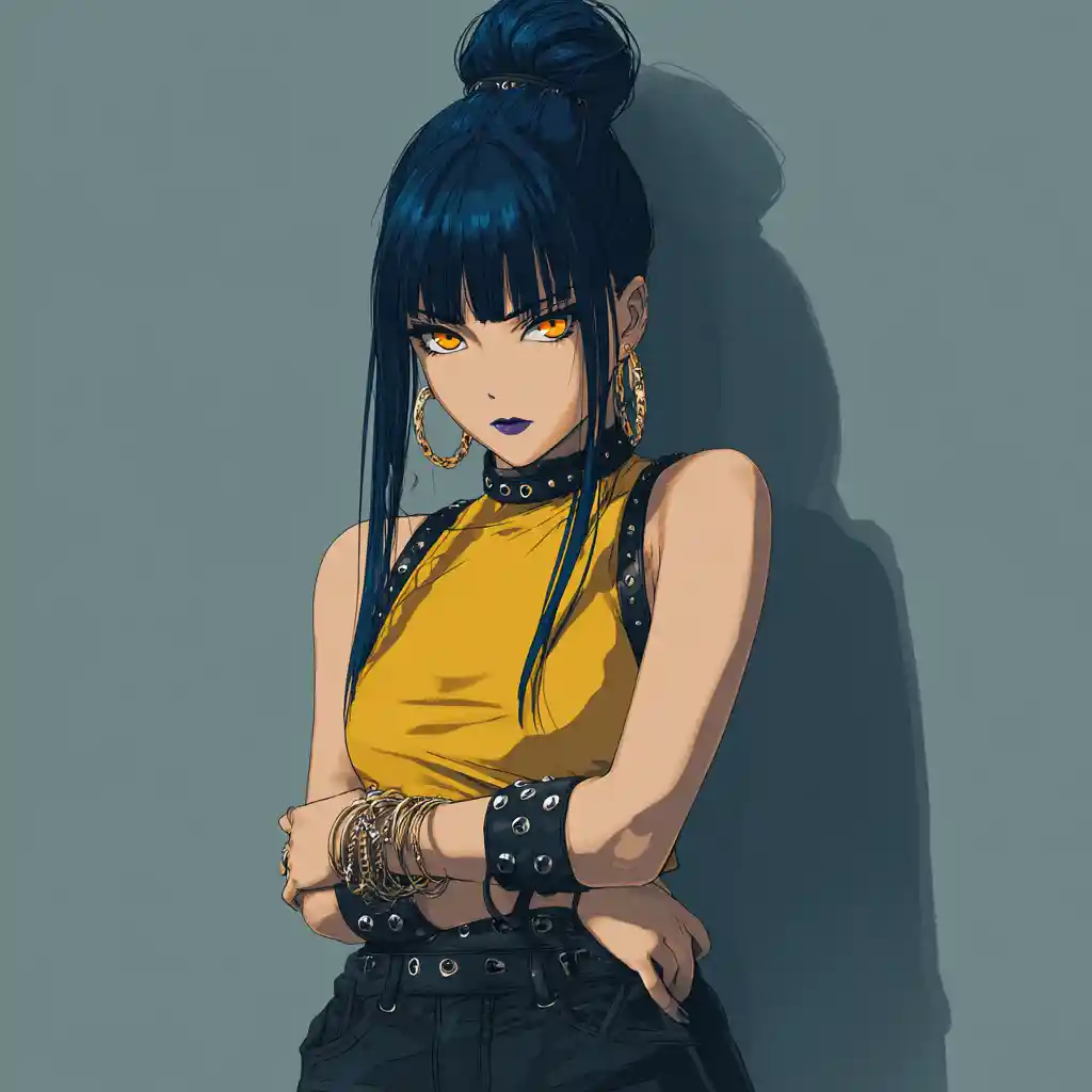 Blue skinned anime woman in dramatic orange backlight