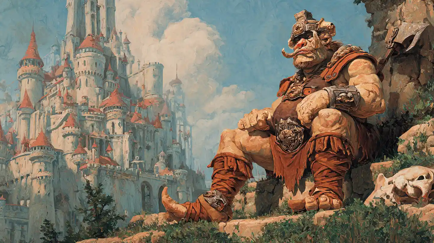 Regal troll king with axe before a grand stone castle