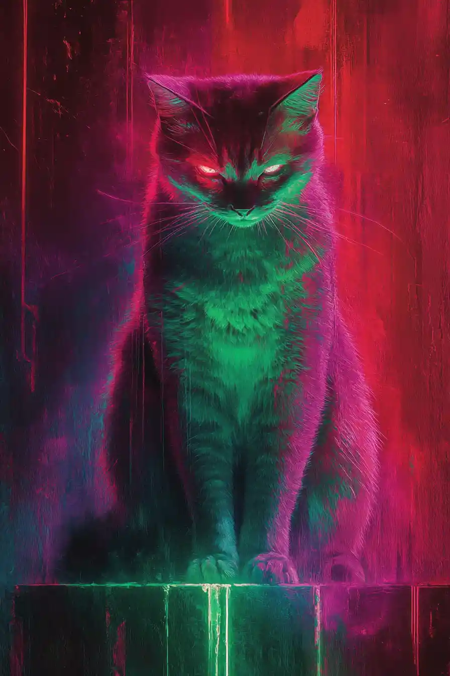 Neon lit cat suspended between earth and hell