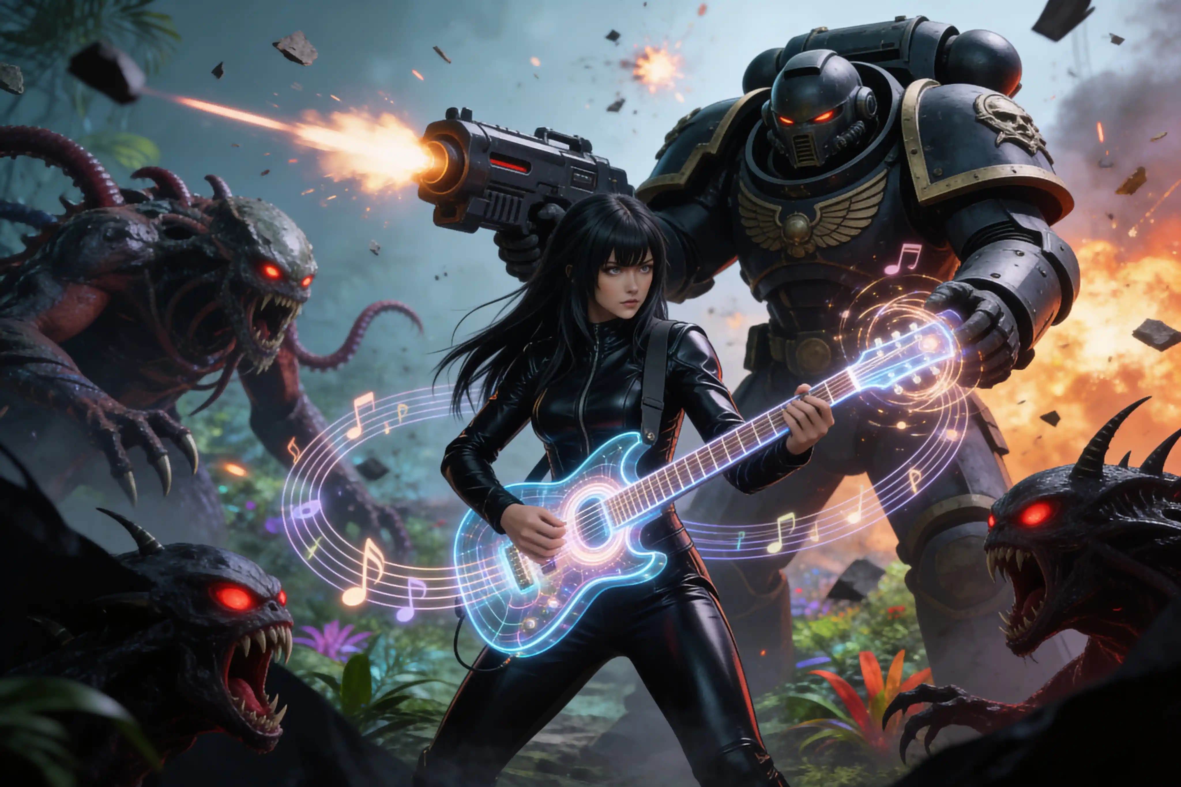Female rockstar with holographic guitar on alien battlefield