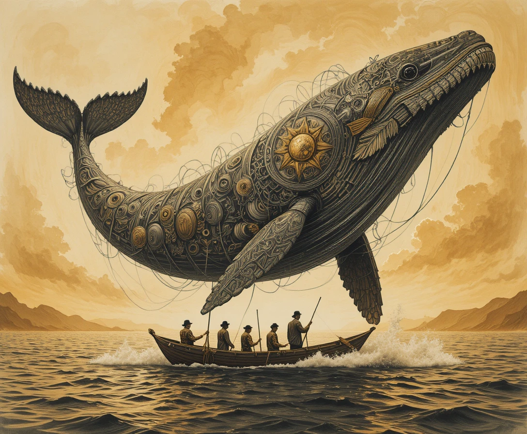 Charcoal whale spirit with Samoan fishermen at sunrise