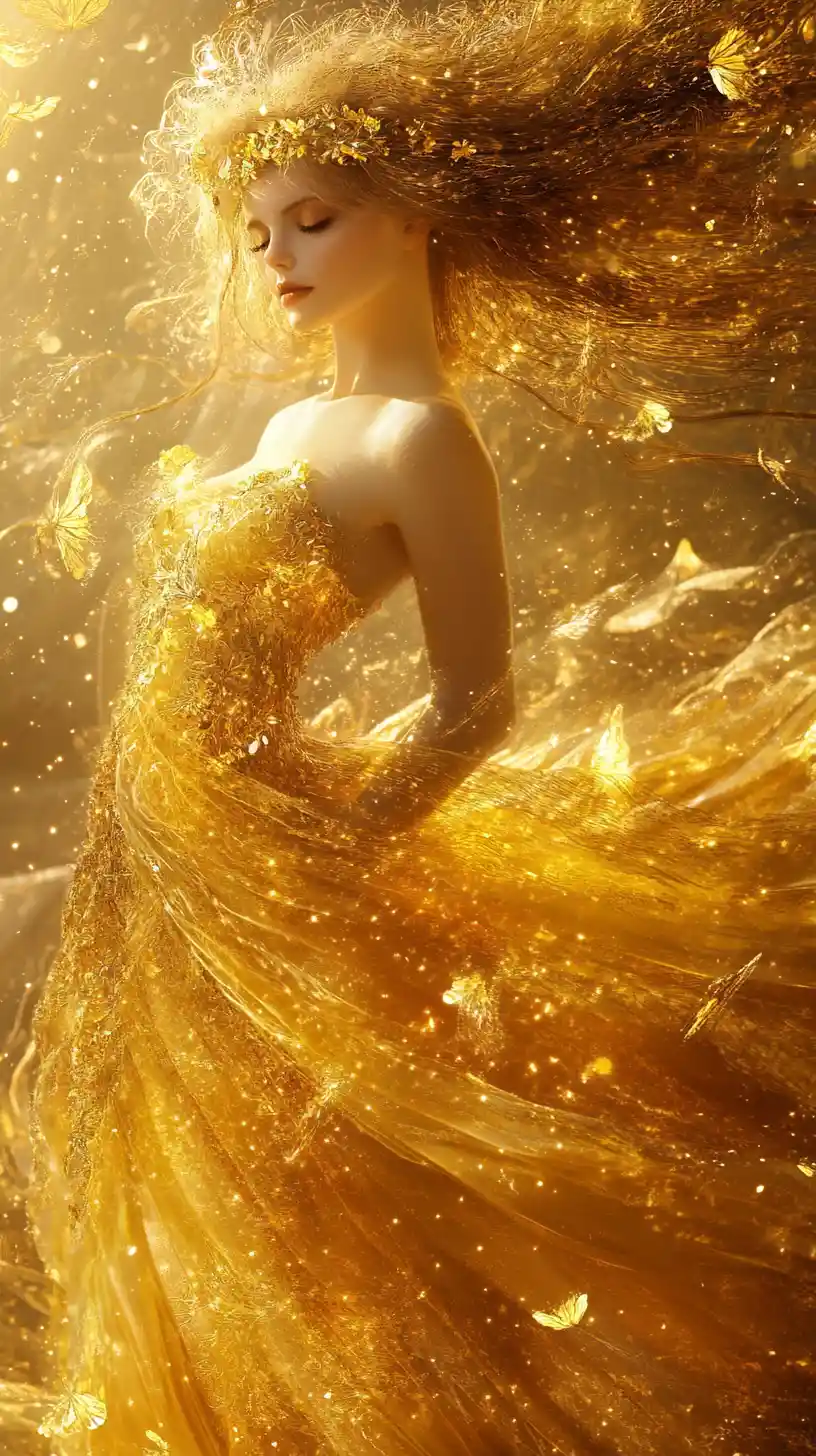 Ethereal summer goddess bathed in gentle golden sunlight