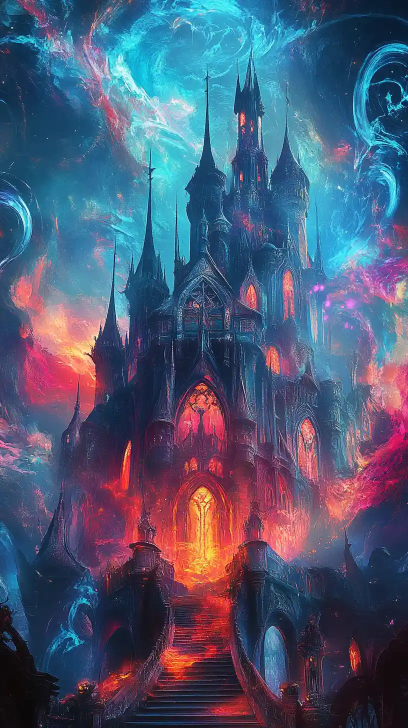 Gothic castle amid swirling colorful smoke and light