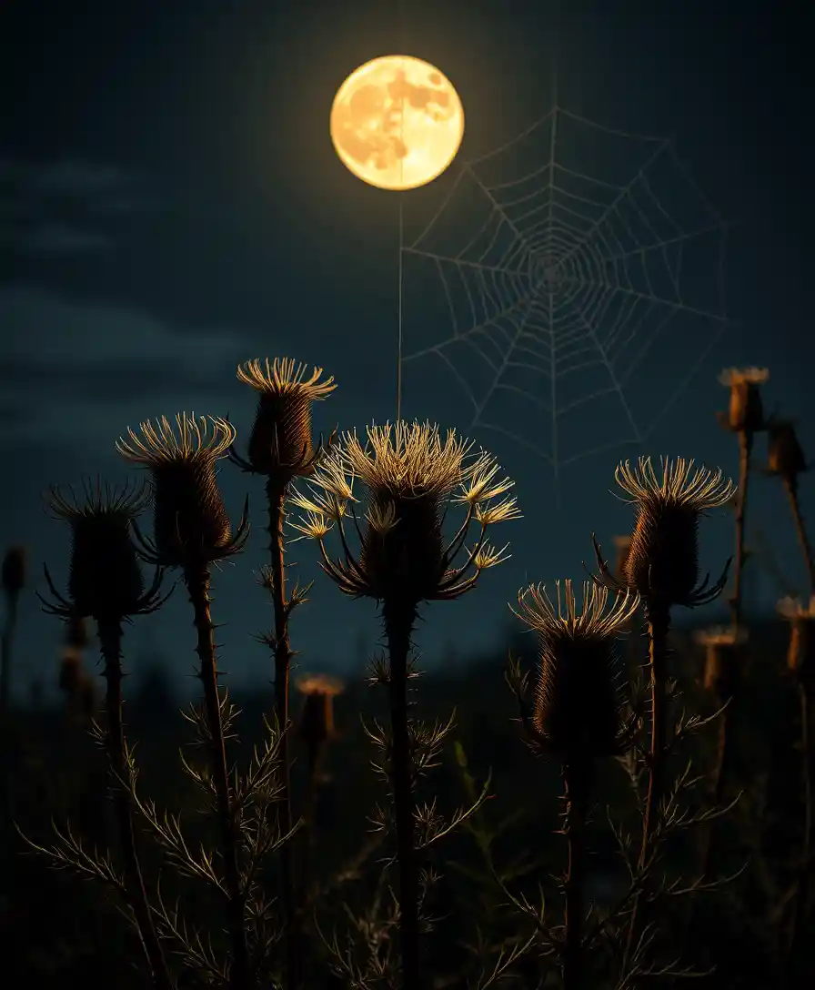 Moonlit thistles and webs in whimsical fantasy popsurreal scene