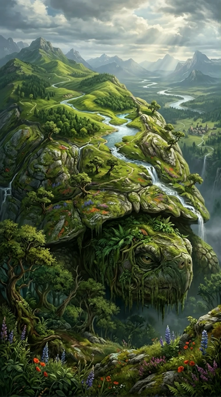 Giant moss covered turtle forming surreal rolling green hills