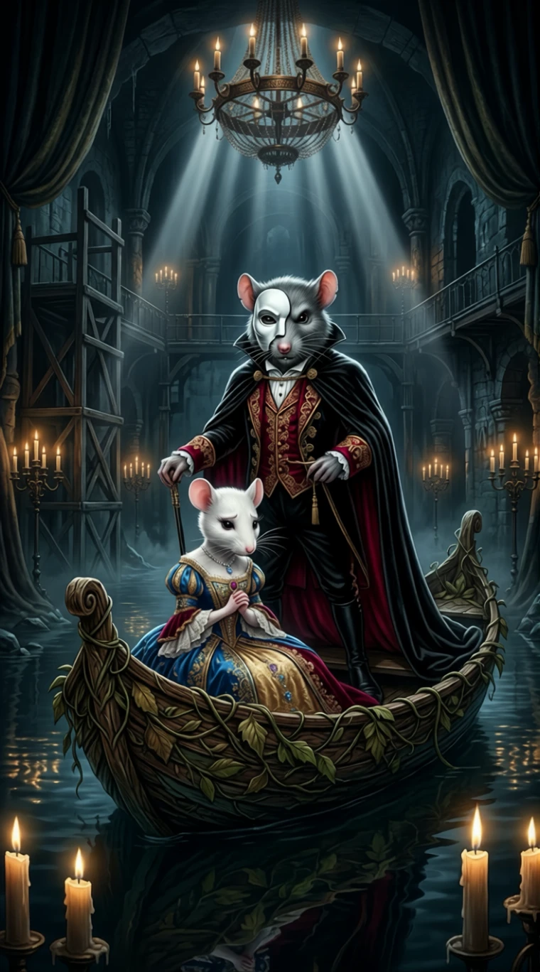 Masked rat and elegant mouse on a leaf boat stage