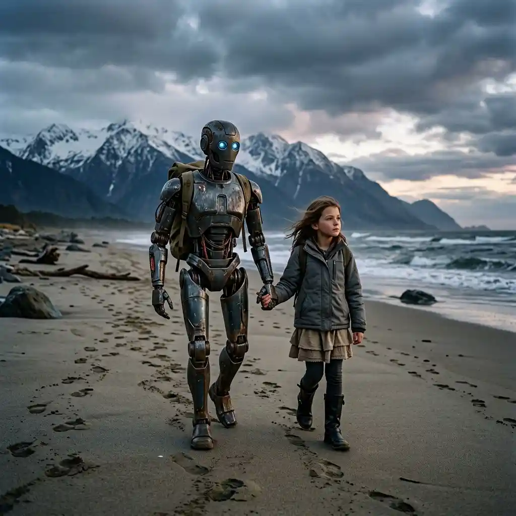Robot e ragazza che camminano mano nella mano su una spiaggia tranquilla