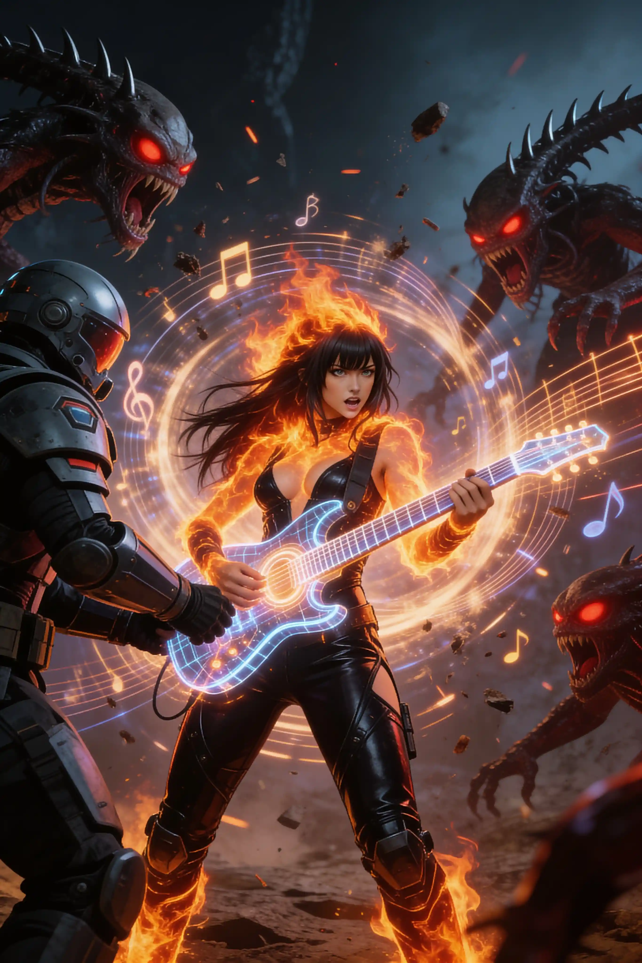 Rockgitarristin an der Front eines Sci-Fi-Schlachtfelds