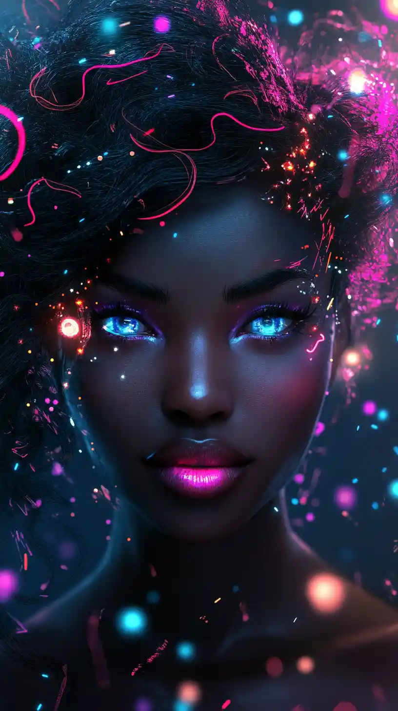 Neon eyed dark skinned woman in cosmic neon portrait