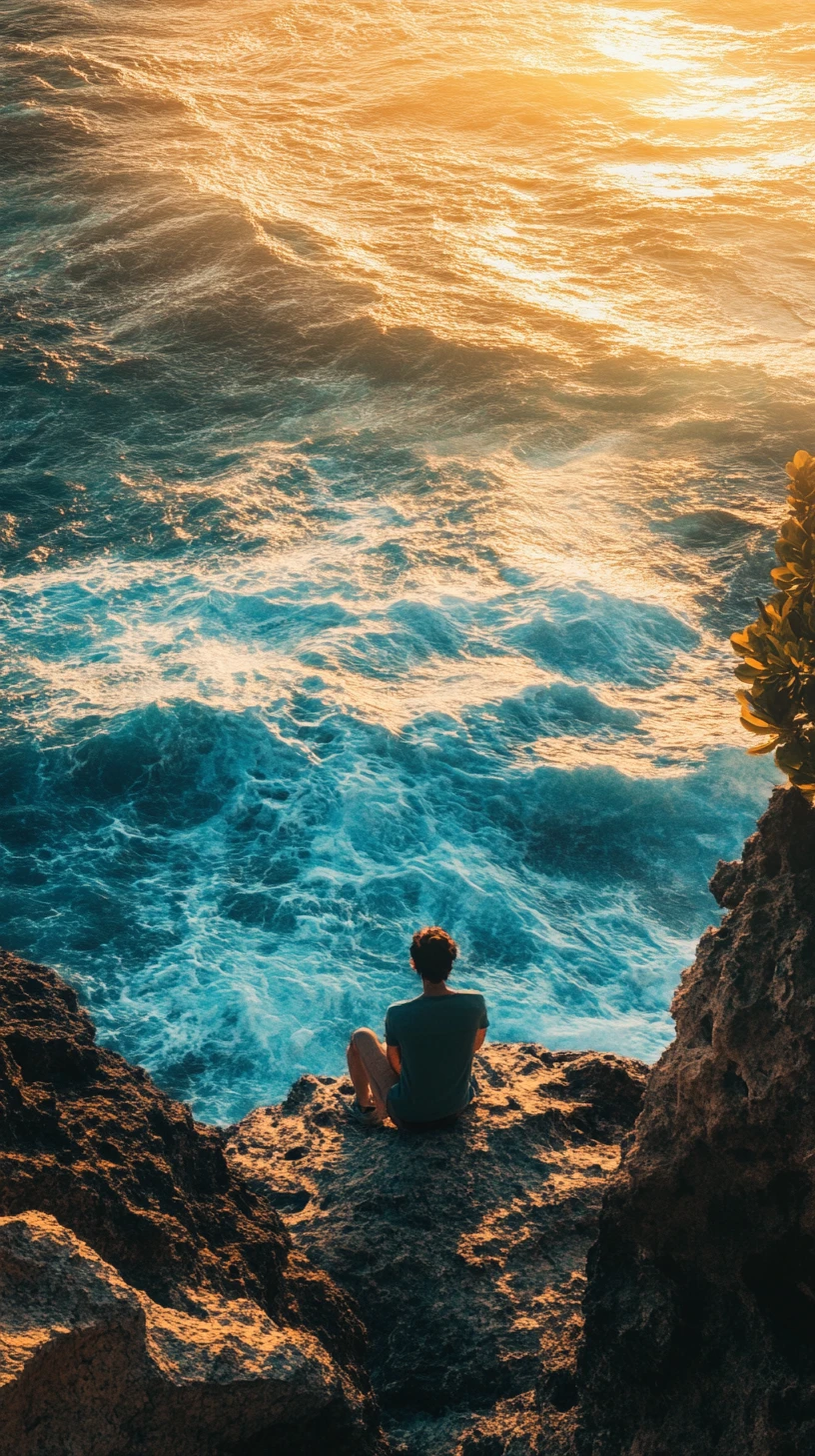 Solo traveler on a cliff above crashing ocean waves