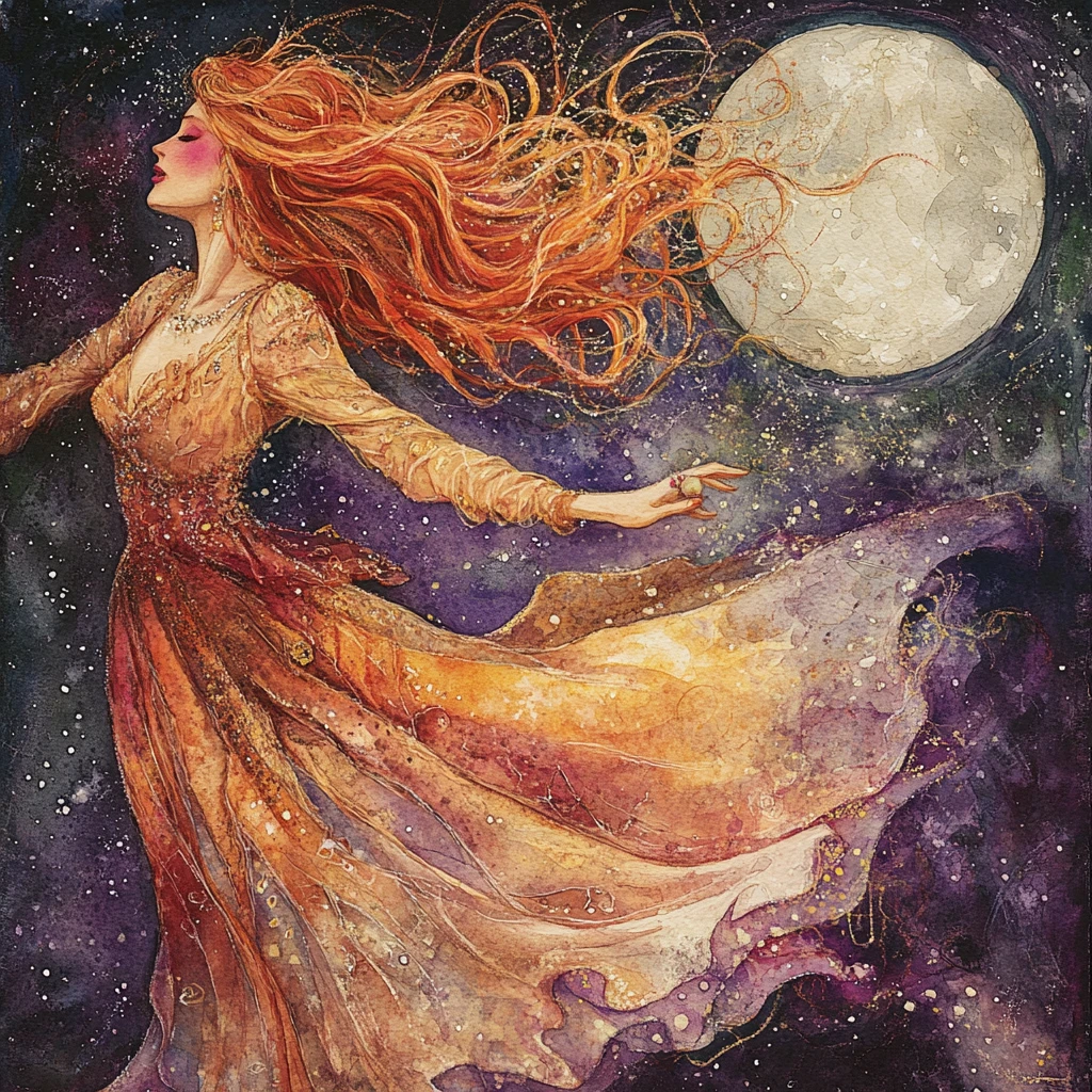 Fiery haired dancer stepping lightly under the night sky