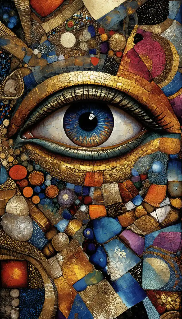 Surreal abstract painting with a central symbolic eye