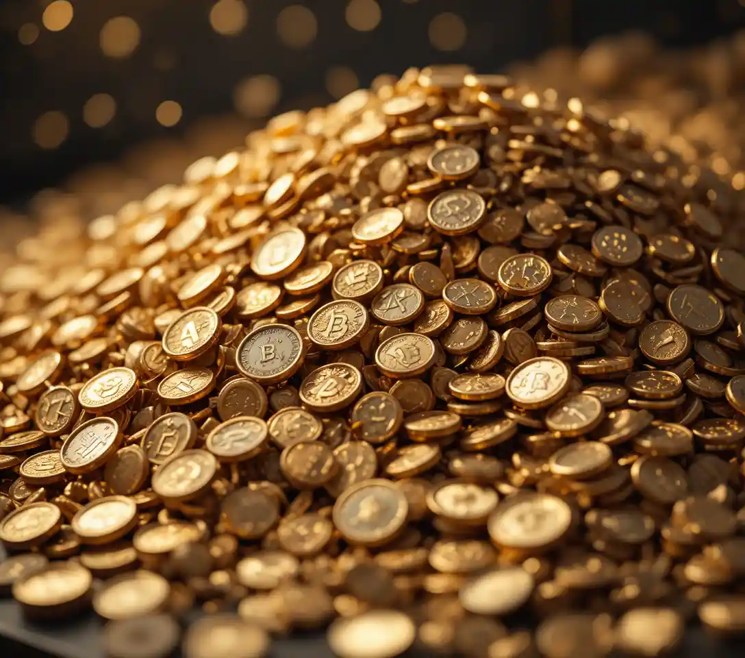 Macro close up of stacked gold bars and antique coins