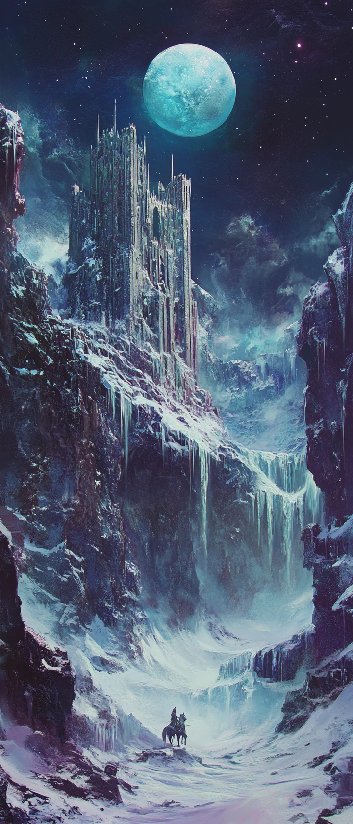 Moonlit ruined castle above a snowy fantasy valley
