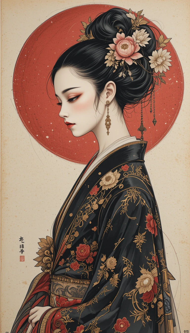 Elegant profile of a woman in ornate floral kimono