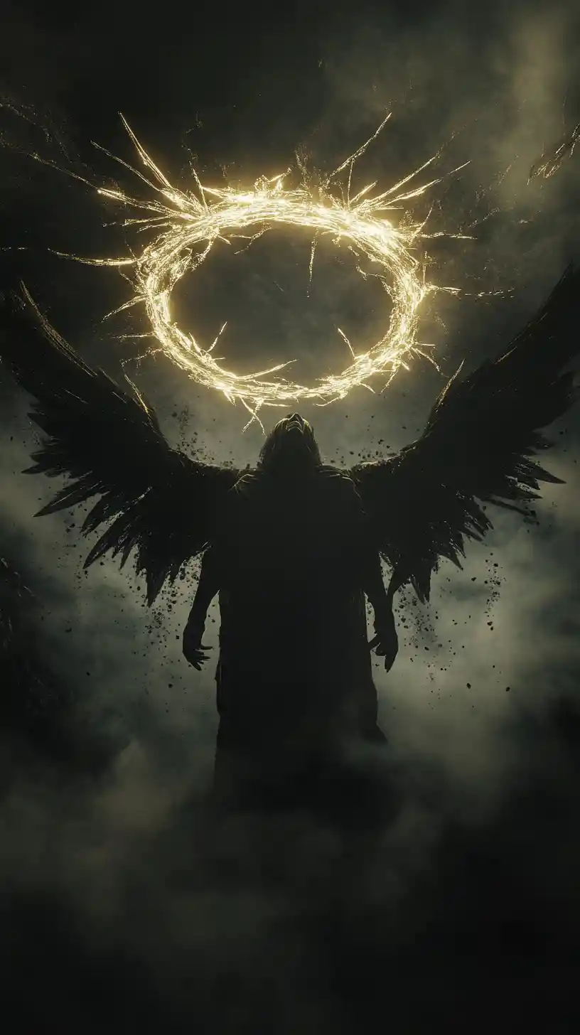 Angelic figure with shattered halo in dark void