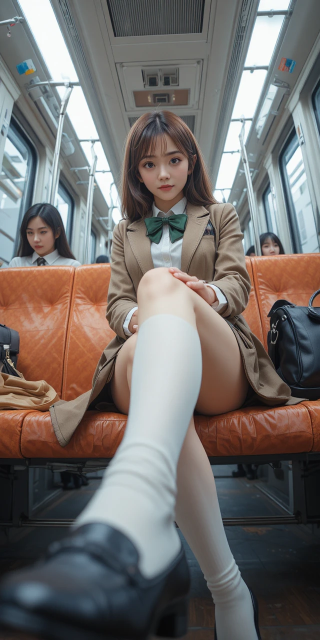 로우 앵글로 본 기차 안에 앉아 있는 애니 고교 소녀