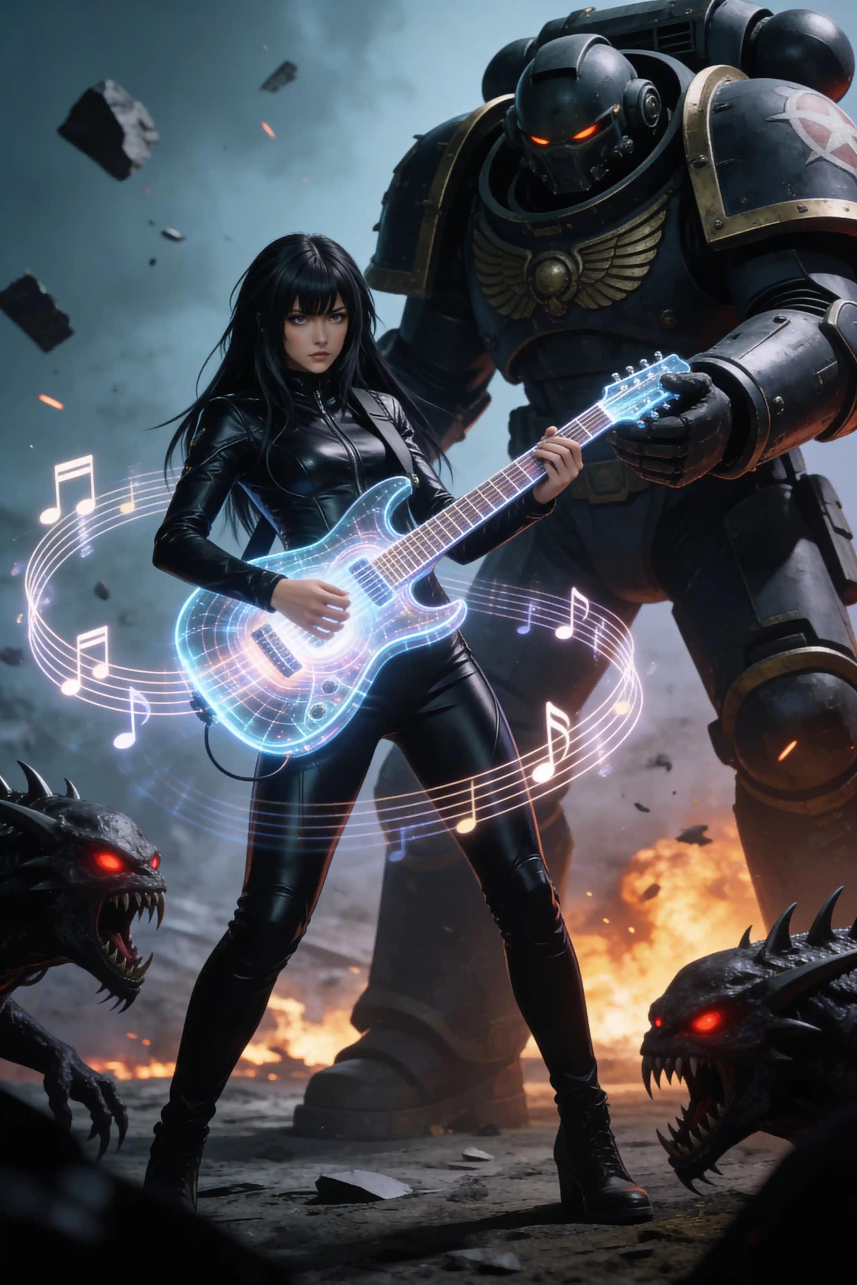Female rockstar with holographic guitar on alien battlefield