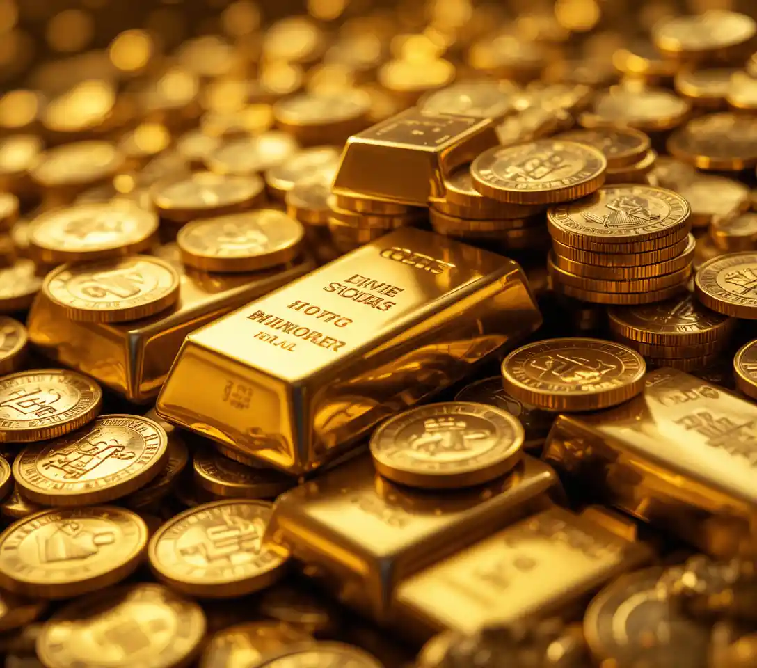 Close up macro view of stacked gold bars and coins