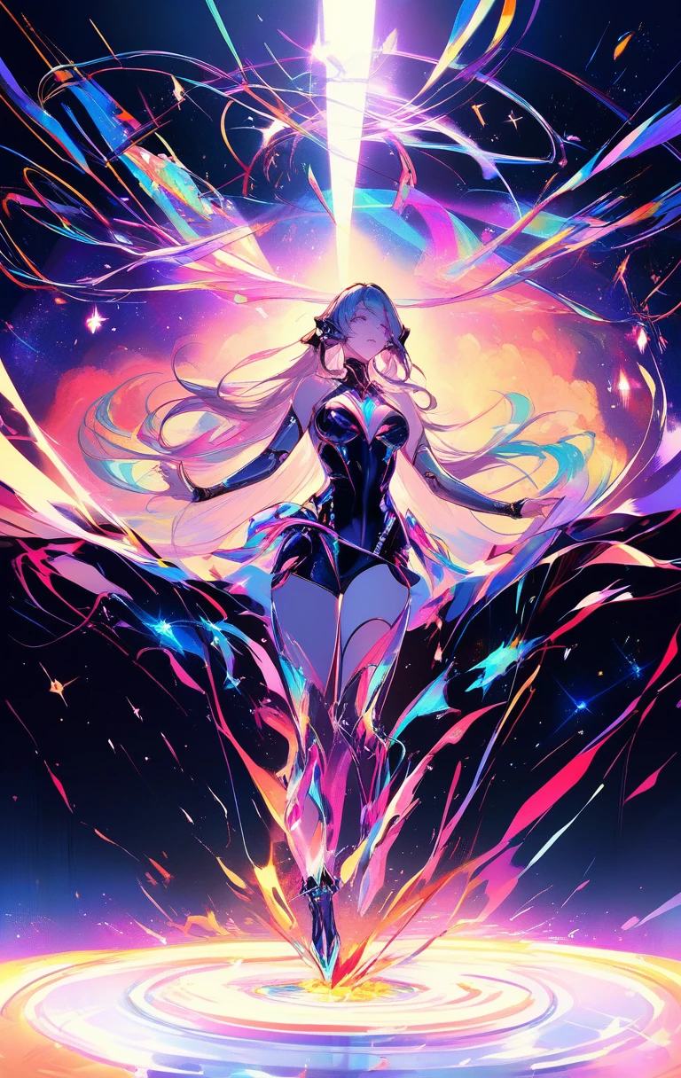 Futuristic cyborg woman surrounded by neon mystical energy