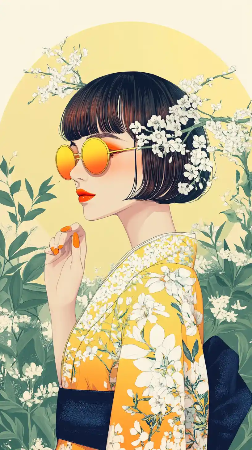 Elegante Anime-Frau im gelben Kimono mit floraler Kulisse