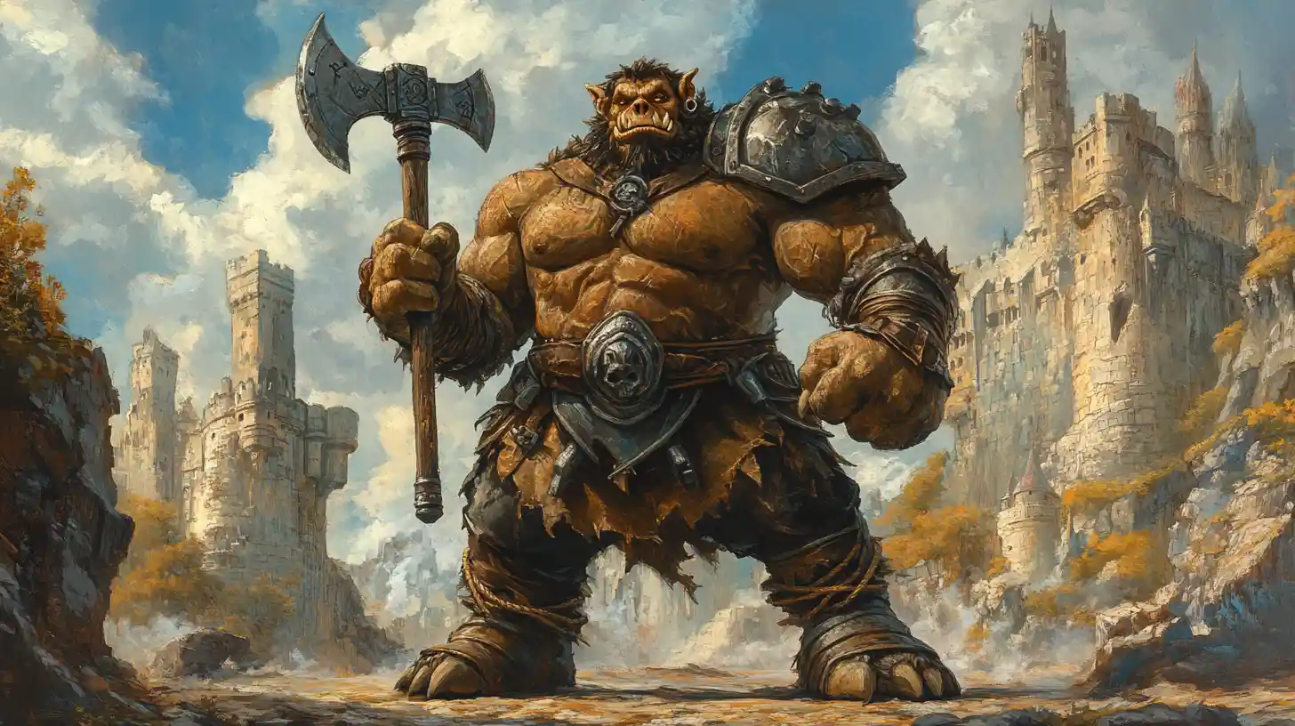Regal troll king with battle axe before a stone castle