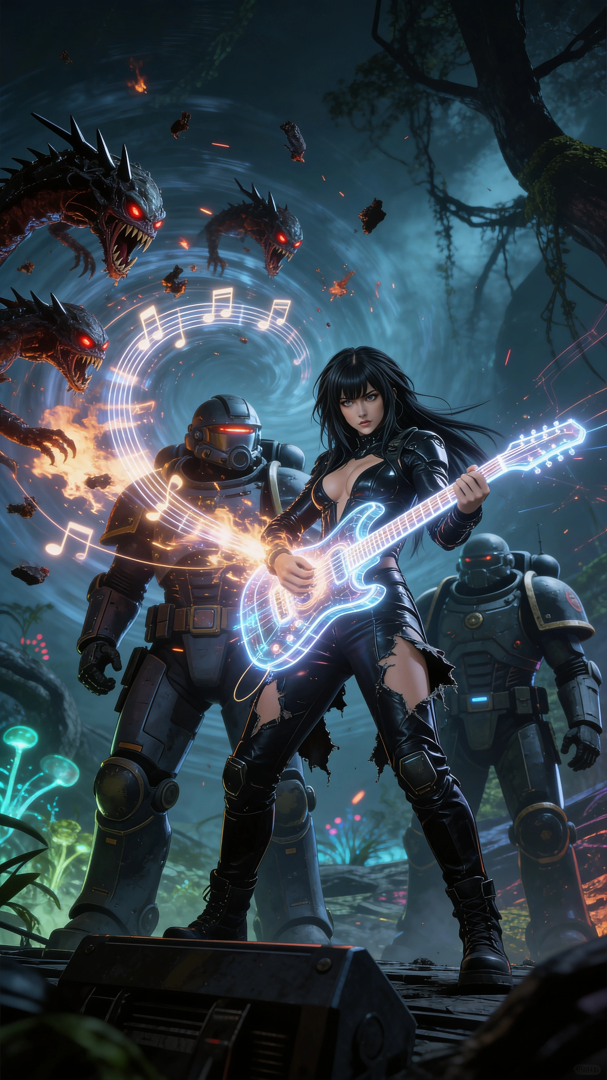 Female rockstar with holographic guitar on alien battlefield