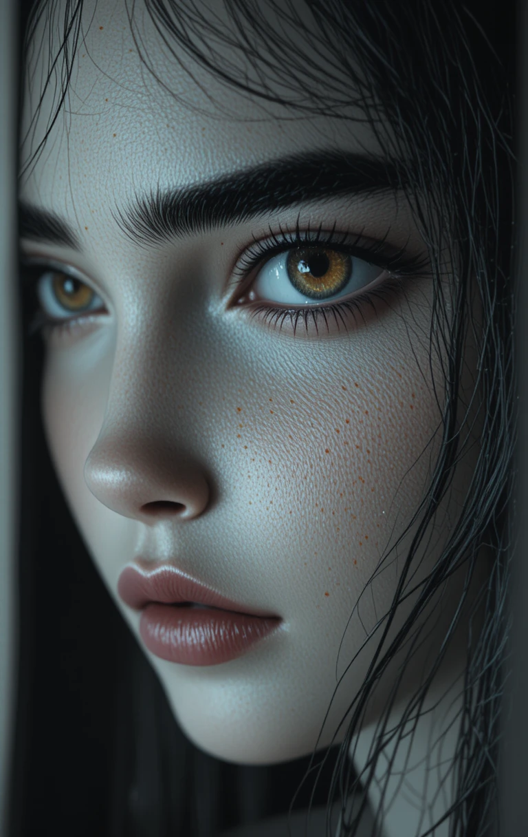 Extreme close up CGI portrait of a freckled woman