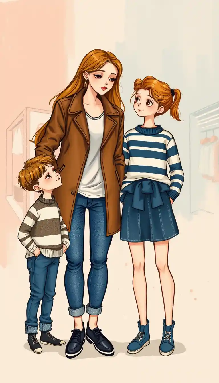 Tall girl and small boy friends on a colorful city street