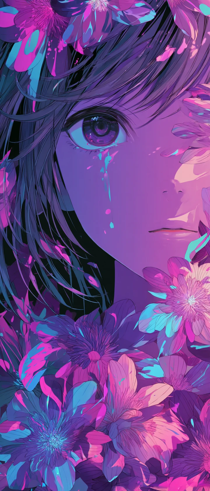 Anime spirit crying into a luminous liquid flower garden