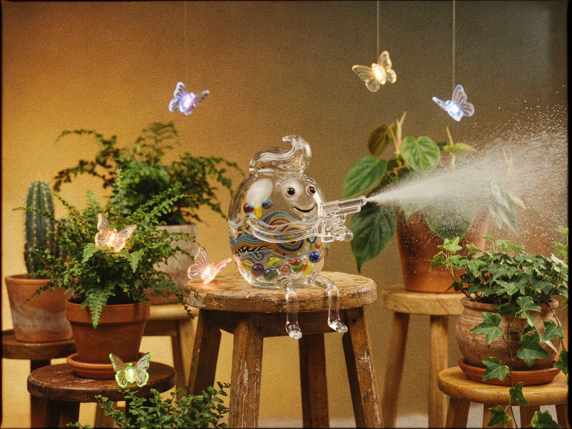 Glass figure with water gun among indoor plants