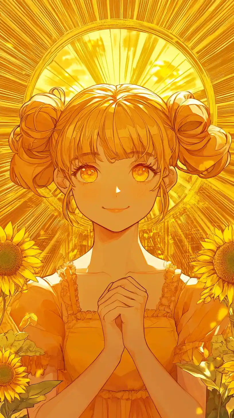 Smiling anime girl framed by radiant sun and flowers