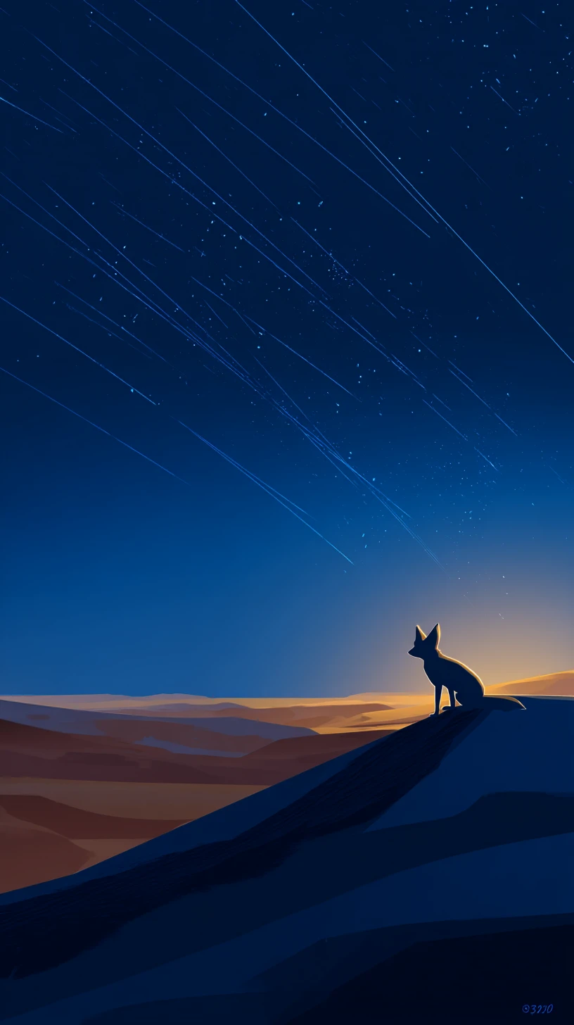 Lone fennec fox on desert dune beneath falling stars