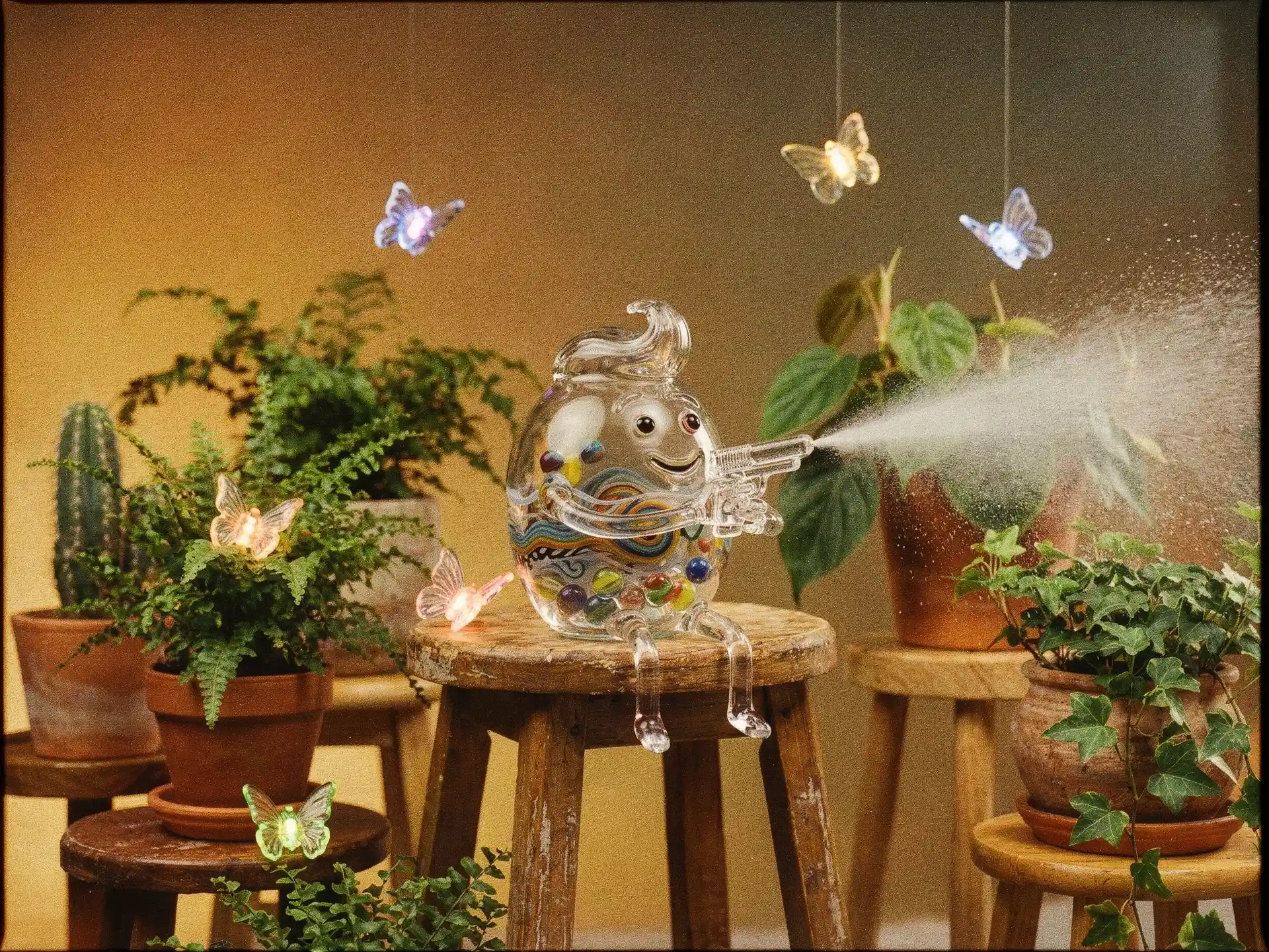 Glass figure with water gun among indoor plants
