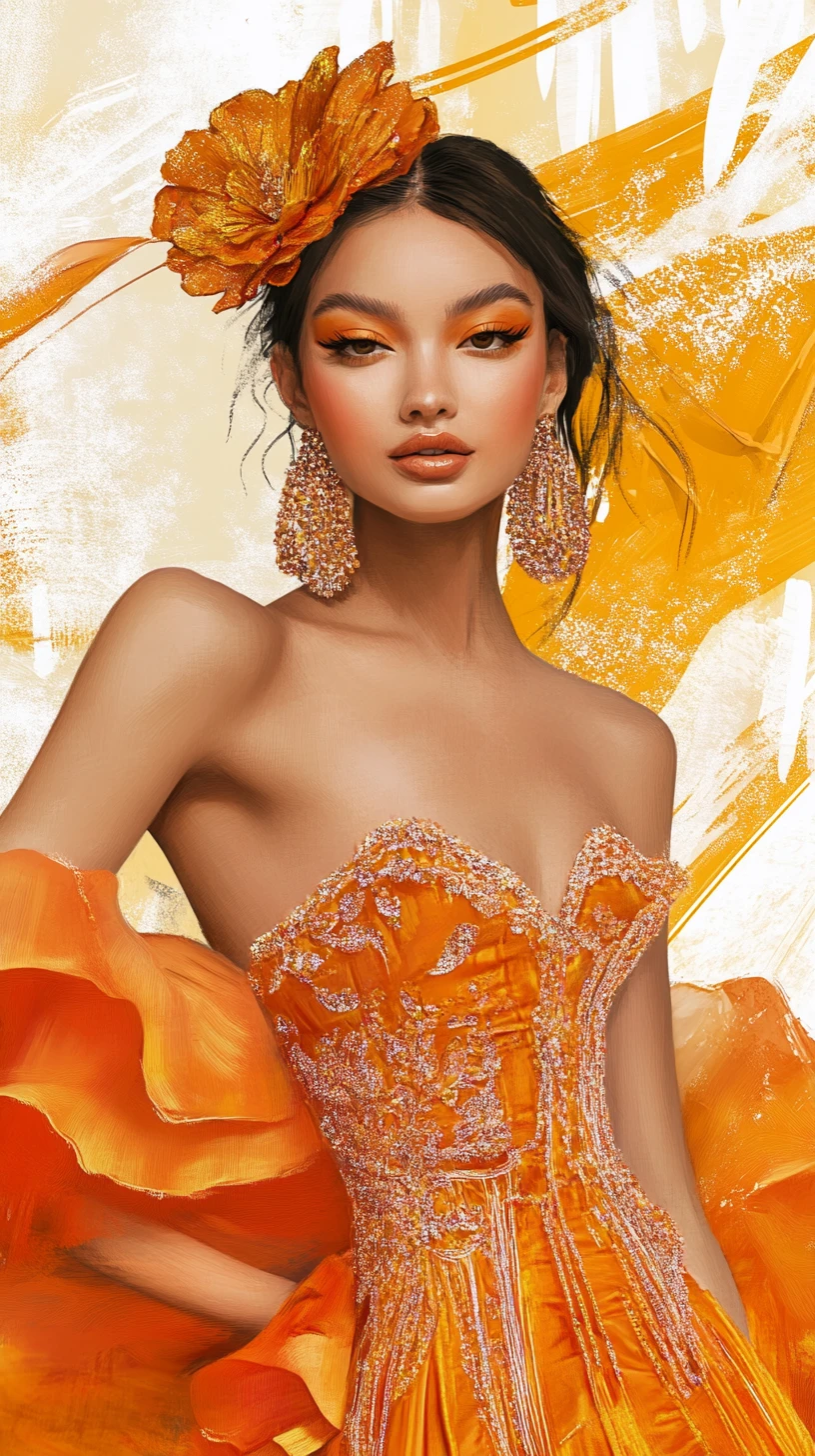 Elegant woman in orange couture dress with tropical oranges